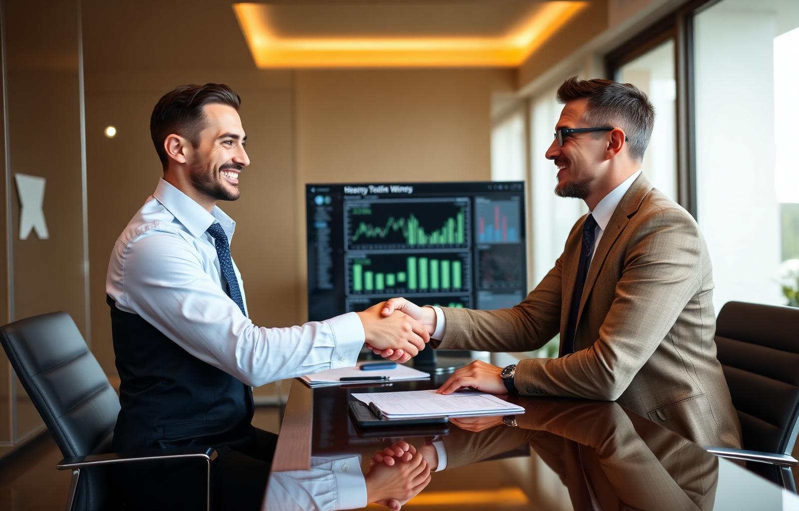 CPA shaking hands with a client across a modern conference table