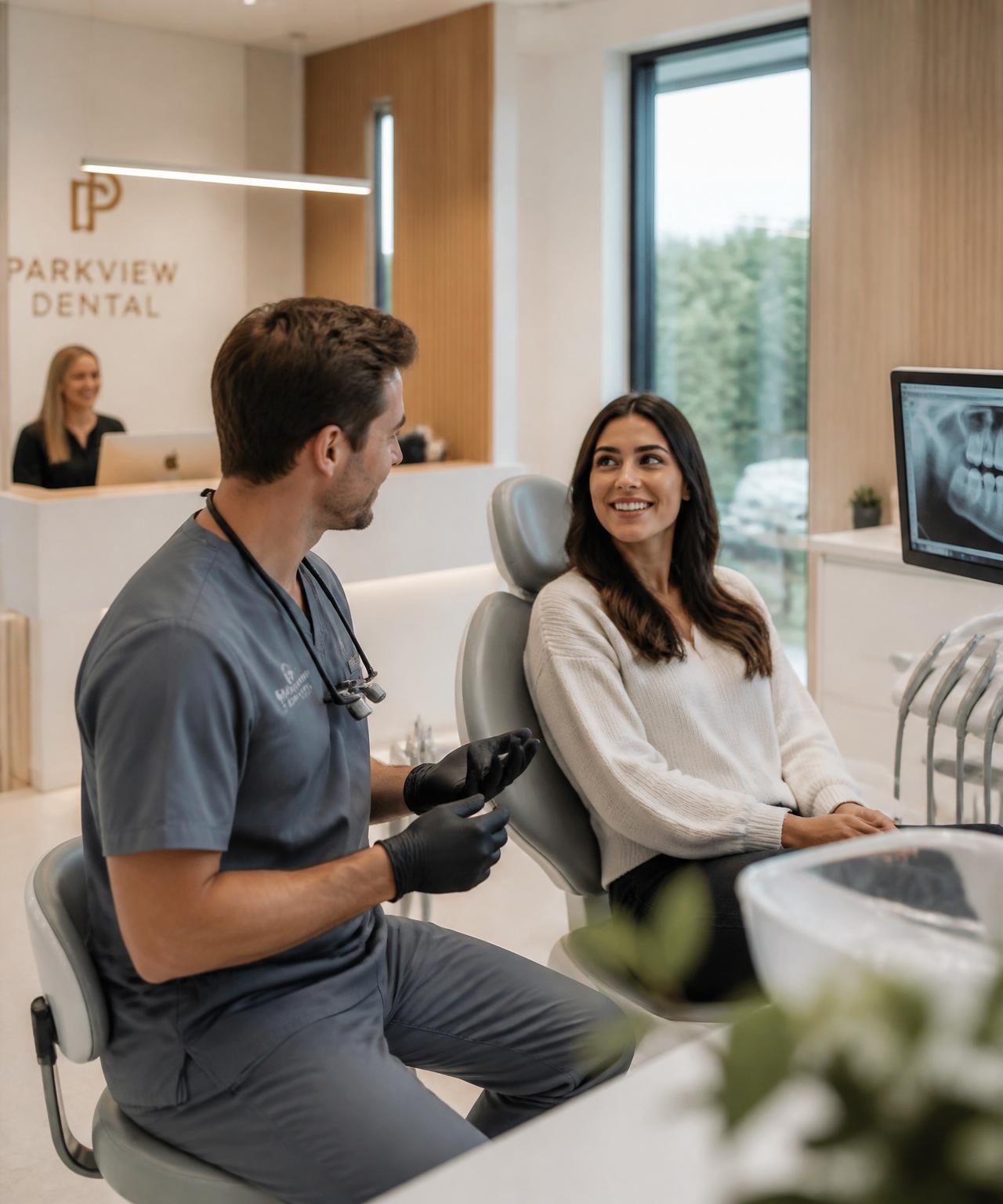 Dentist consulting with a smiling patient in a modern dental office