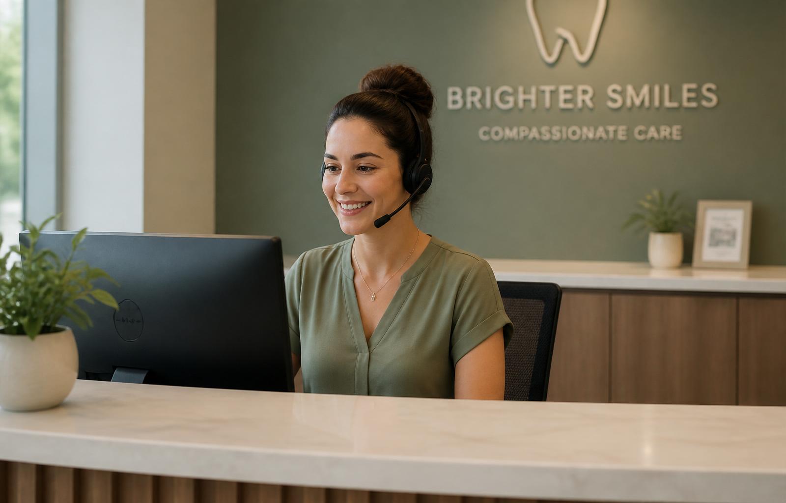 A friendly front desk receptionist wearing a headset, smiling while helping a client from behind the reception counter