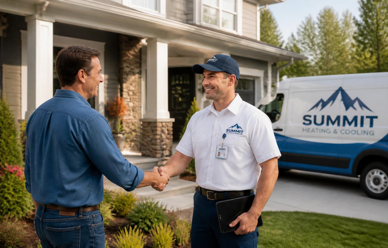 Home service technician shaking hands with a homeowner outside a beautiful home