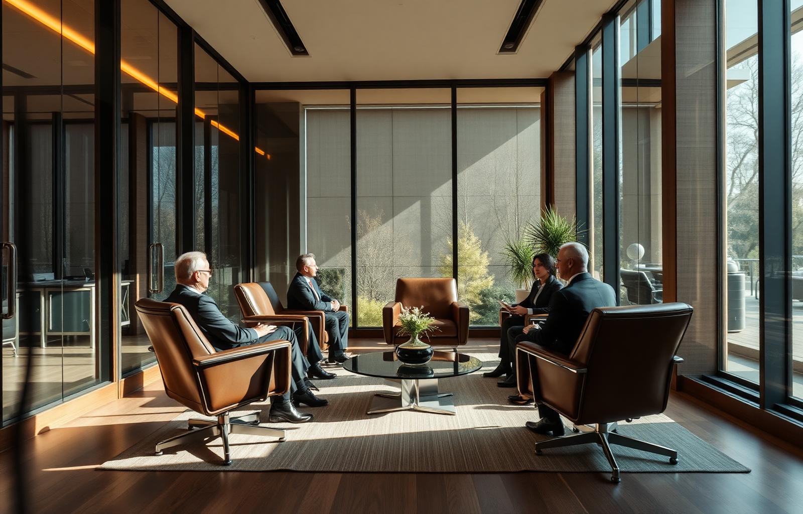 Modern law office with attorneys meeting clients