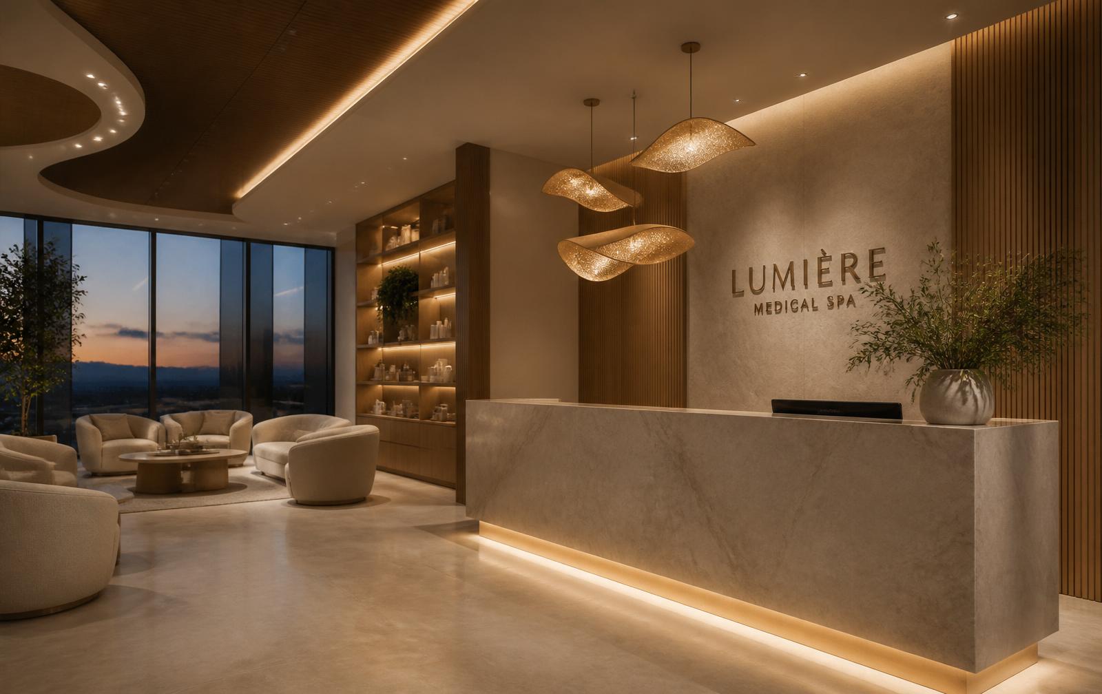 Luxury medical spa reception at dusk