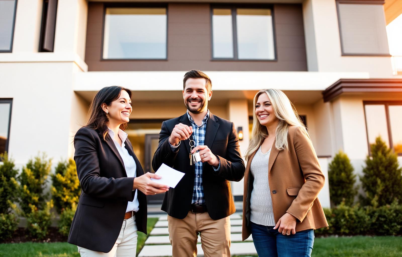 Realtor handing keys to happy new homeowners outside a luxury modern home