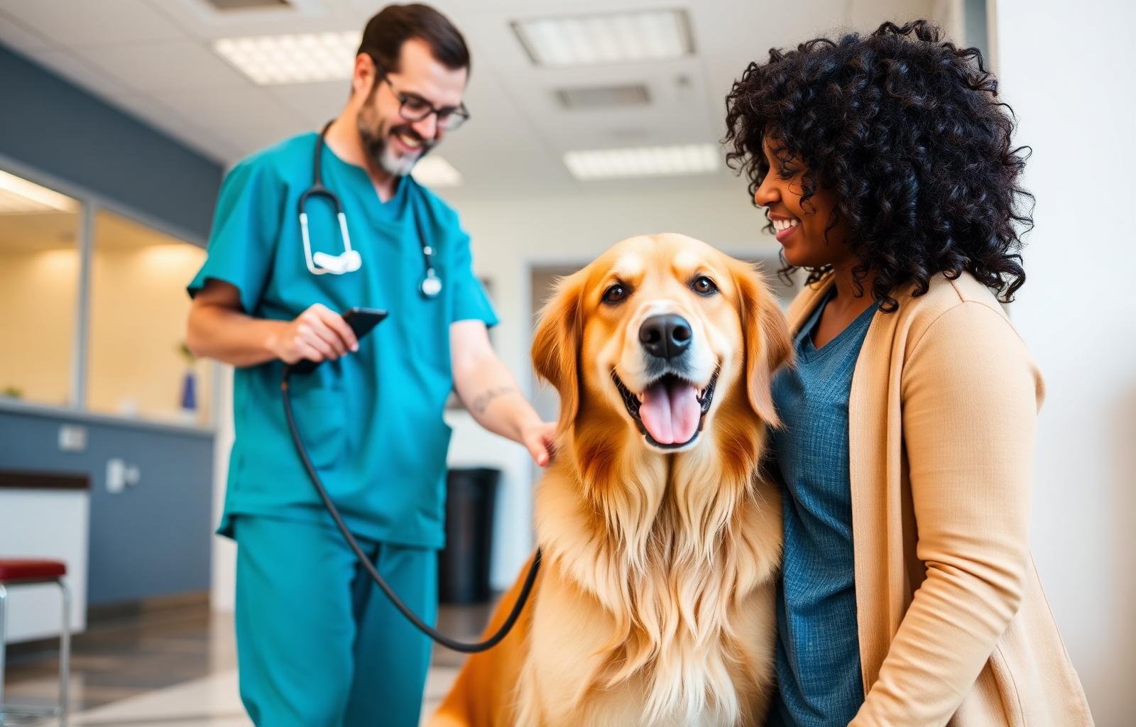 Veterinarian handing a healthy golden retriever back to its happy owner in a modern clinic